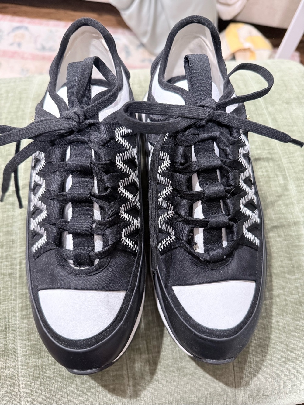 CHANEL Black and White Platform Lace-Up Sneakers - Picture 2 of 6